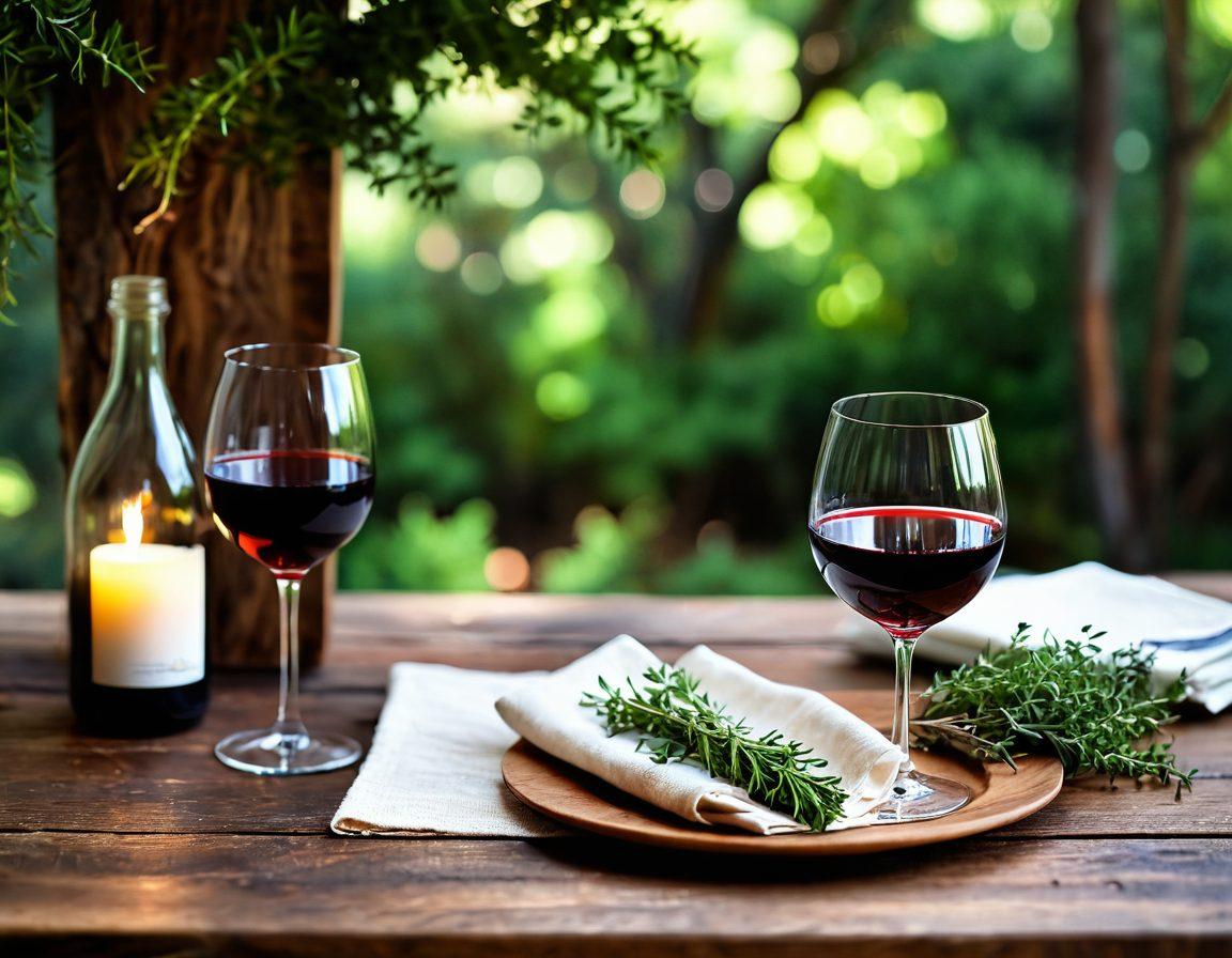 A serene table setting featuring a glass of red wine next to fresh thyme sprigs, all resting on a rustic wooden surface. Include a background of soft, diffused light filtering through leafy trees, symbolizing tranquility and health. A relaxing scene that represents the connection between wine and wellness. super-realistic. warm colors. calming atmosphere.