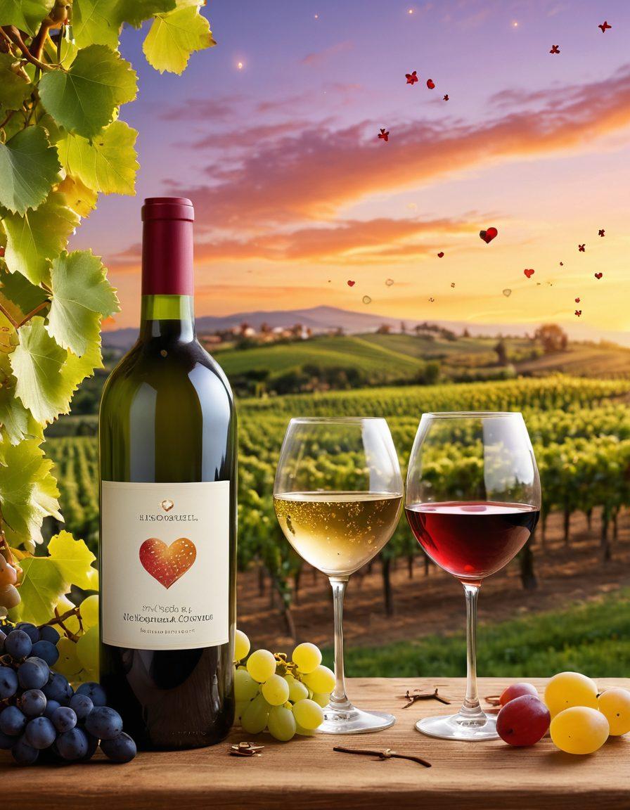 A lush vineyard landscape at sunset, with grapevines heavy with ripe grapes in the foreground. Overlay images of hormonal symbols like insulin and estrogen, subtly integrated into the vineyard scene. In the background, a whimsical bottle of wine pours into a glass, with sparkling health icons like hearts and stars circling around. Bright, warm colors to evoke a sense of well-being and connection. super-realistic. vibrant colors.