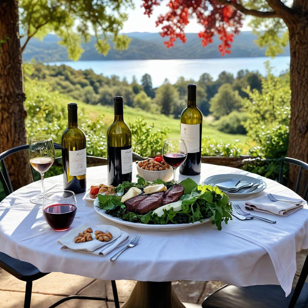 A serene dining table set outdoors featuring a vibrant red wine and a crisp white wine bottle, alongside a plate of thyroid-friendly foods like leafy greens and nuts. Soft sunlight filters through trees, casting a warm glow on the scene. In the background, gentle hills add to the tranquility, symbolizing health and wellness. artistic illustration. vibrant colors. nature-inspired.